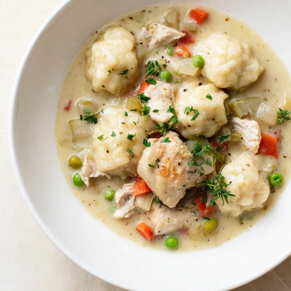 Steaming One Pot Chicken And Dumplings in a rustic Dutch oven, creamy broth