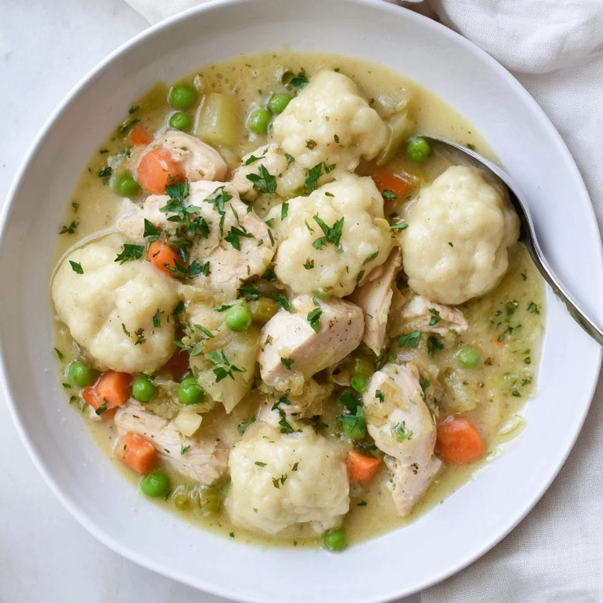 Hearty One Pot Chicken And Dumplings served in a shallow bowl, spoon ready