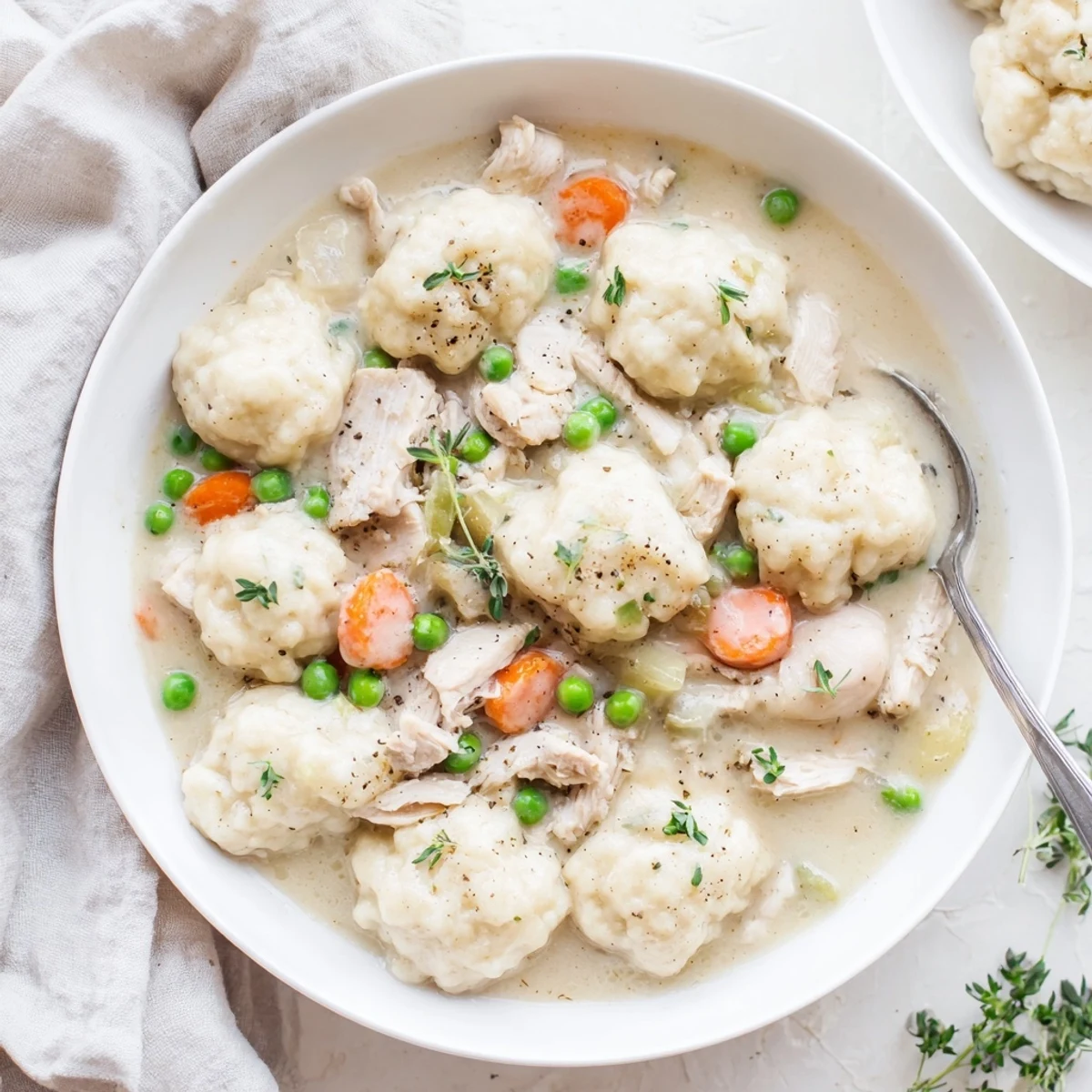 Creamy One Pot Chicken And Dumplings bubbling with tender chicken and sweet peas