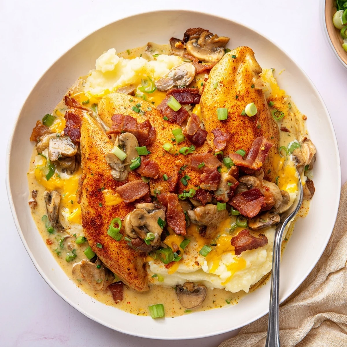 Mississippi Mud Chicken smothered in creamy bacon and mushroom sauce, served over mashed potatoes