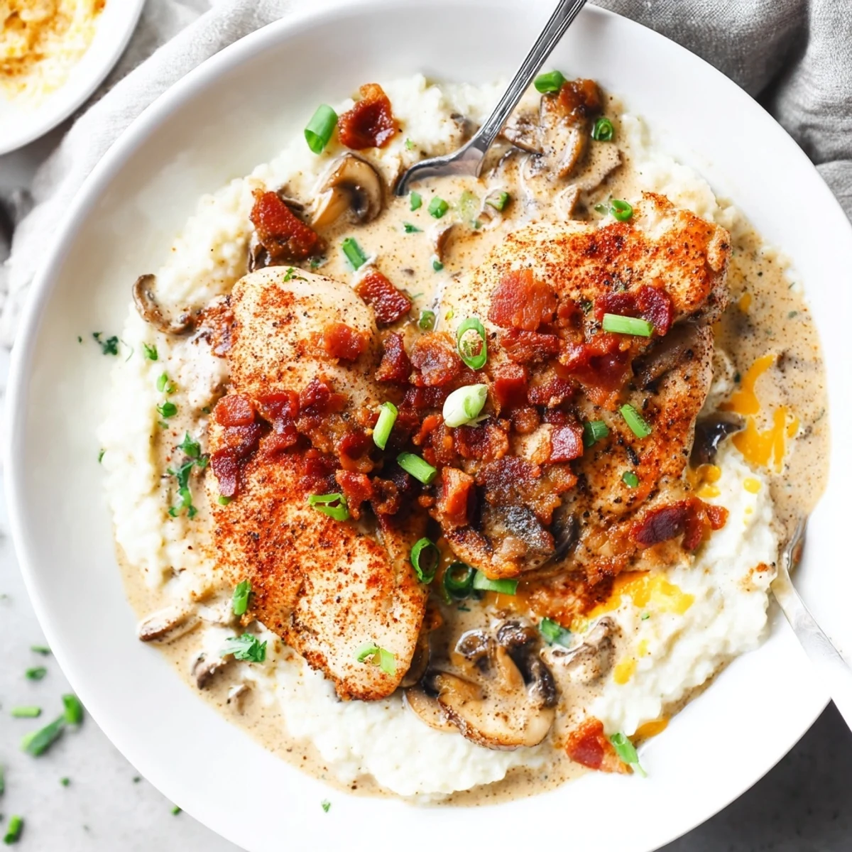 Baked Mississippi Mud Chicken glistening with smoky gravy, garnished with green onions