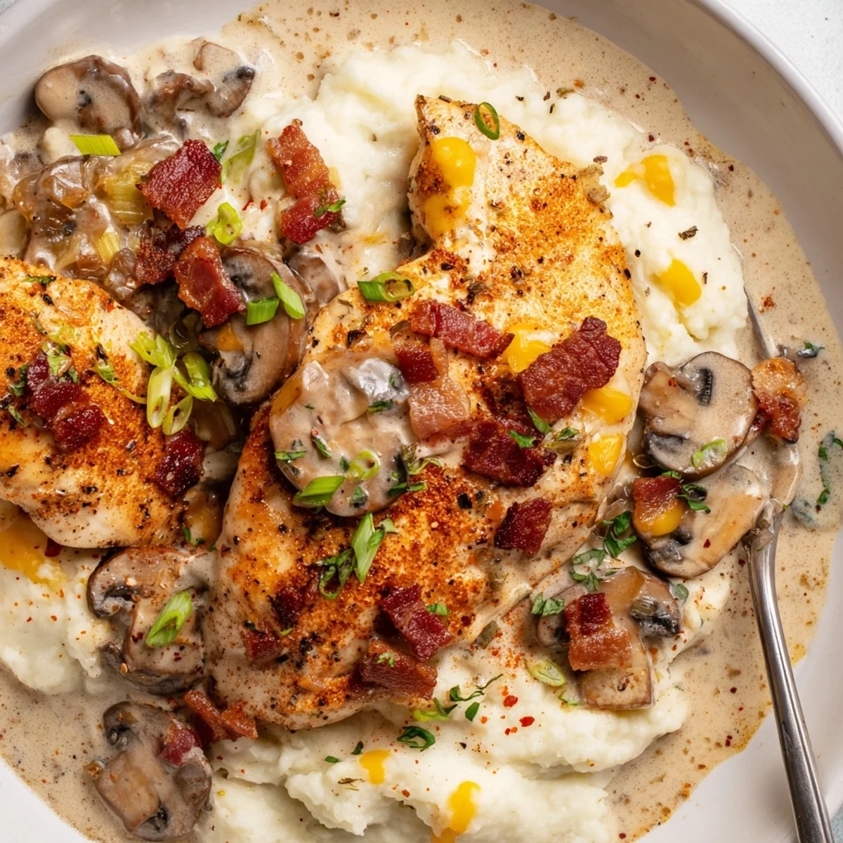Hearty Mississippi Mud Chicken with earthy mushrooms and melted cheddar, ready to spoon