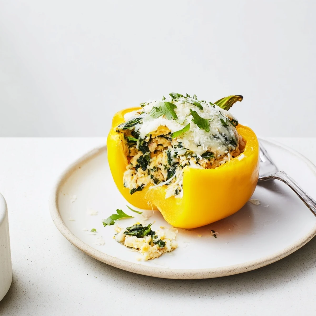 Colorful Herby Ricotta Stuffed Peppers served with crusty bread and green salad