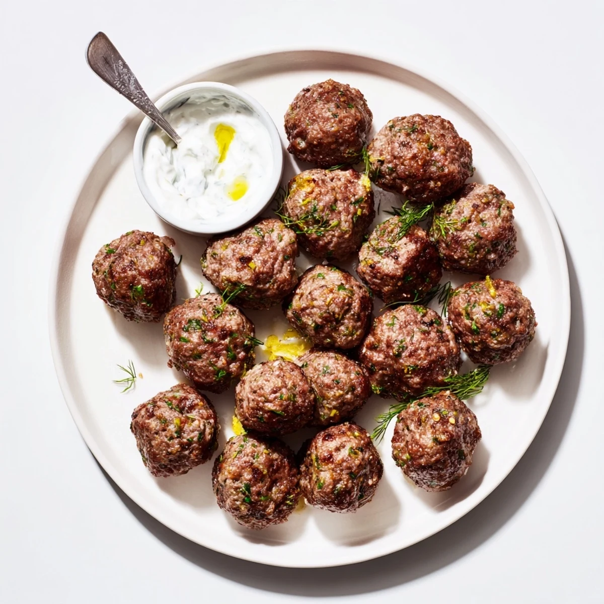 Greek Style Beef Meatballs glistening with olive oil, served with tangy yogurt sauce.