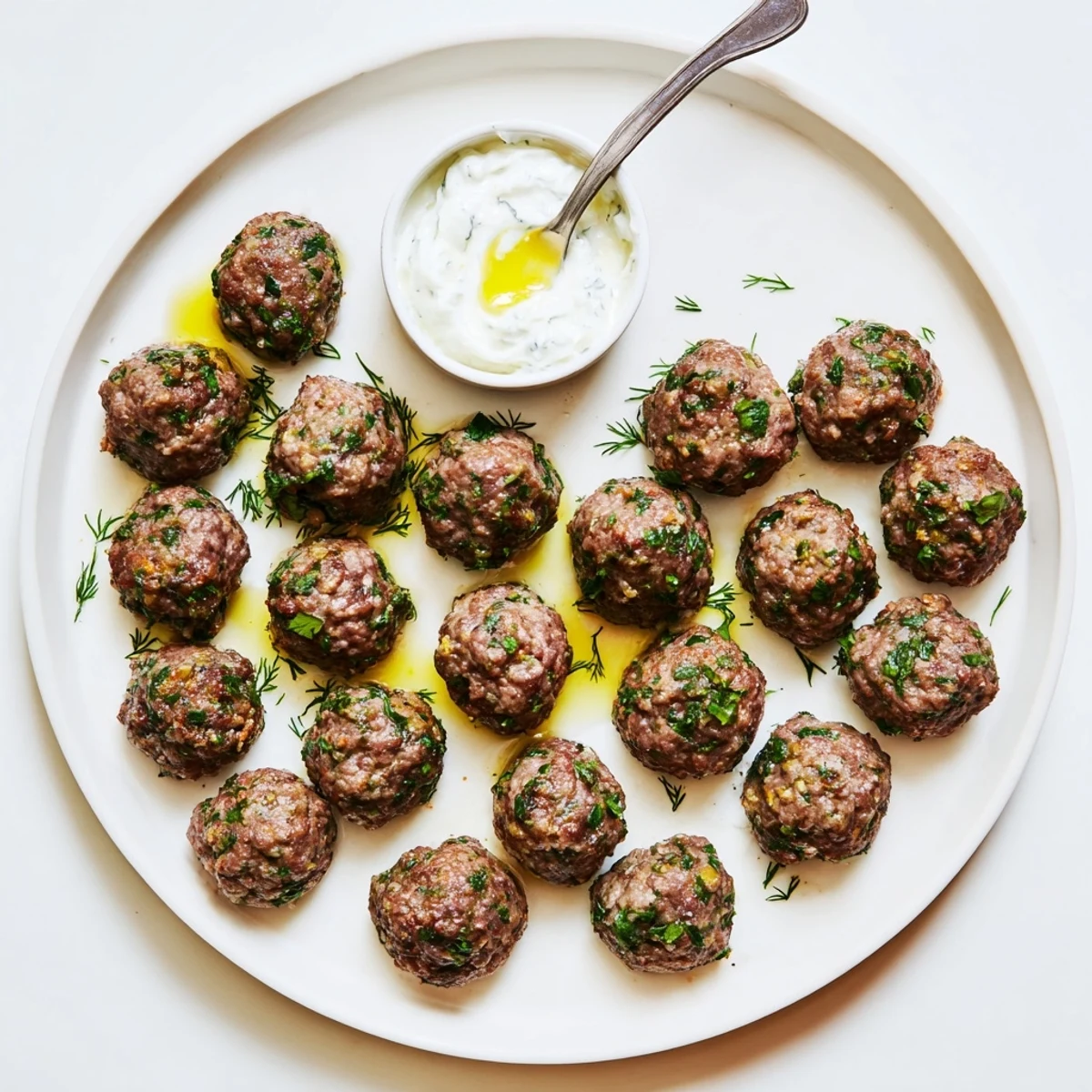 Pan-seared Greek Style Beef Meatballs sizzling in skillet, ready for pita.