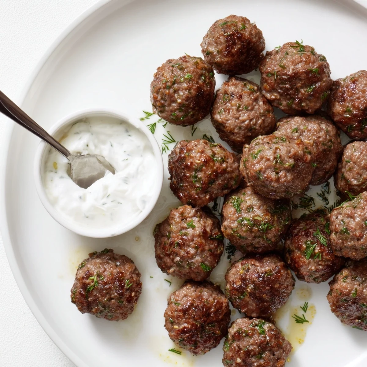Plate of Greek Style Beef Meatballs garnished with lemon zest and parsley.