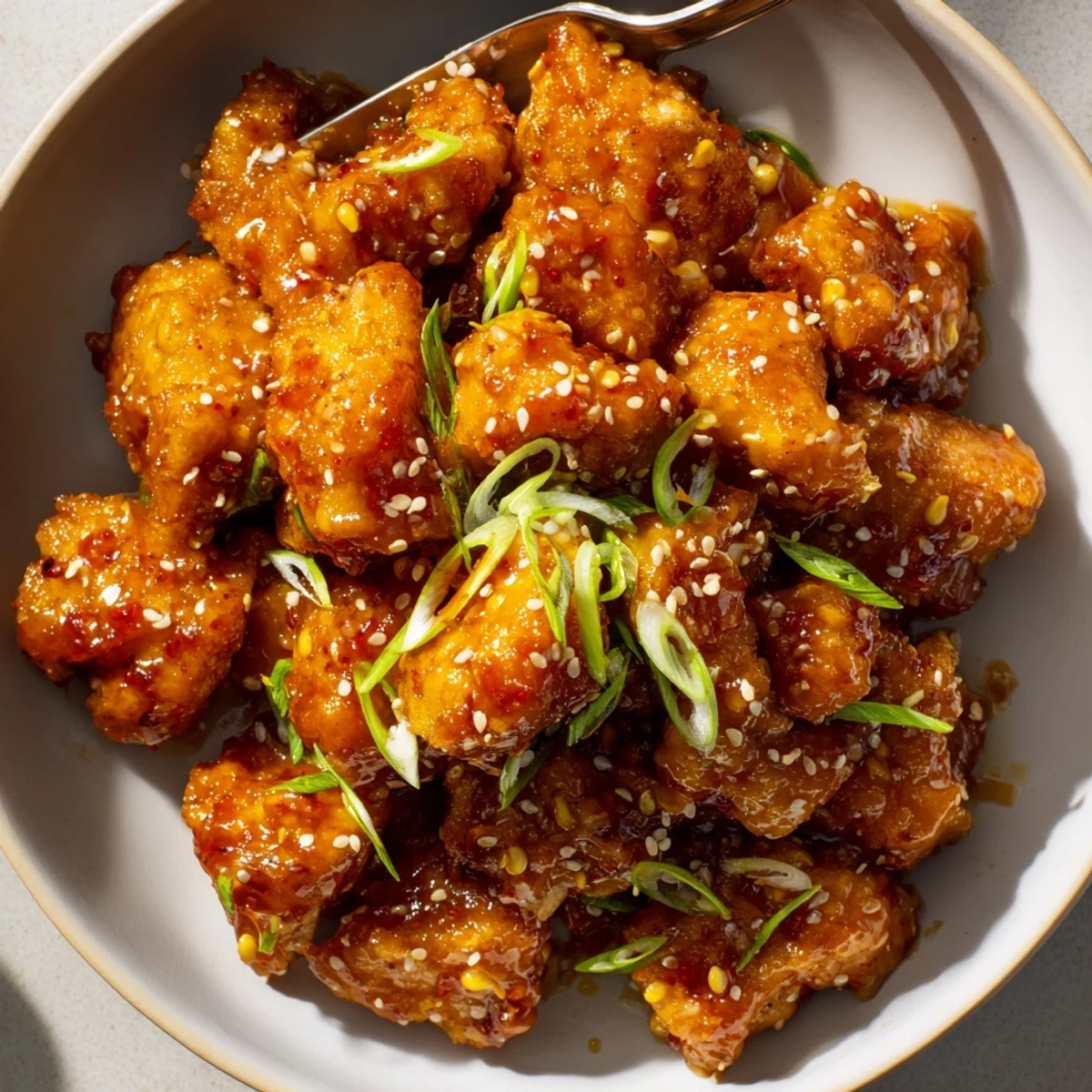 Crispy Sweet Tangy Garlicky Bang Bang Chicken glistening with sesame, scallions