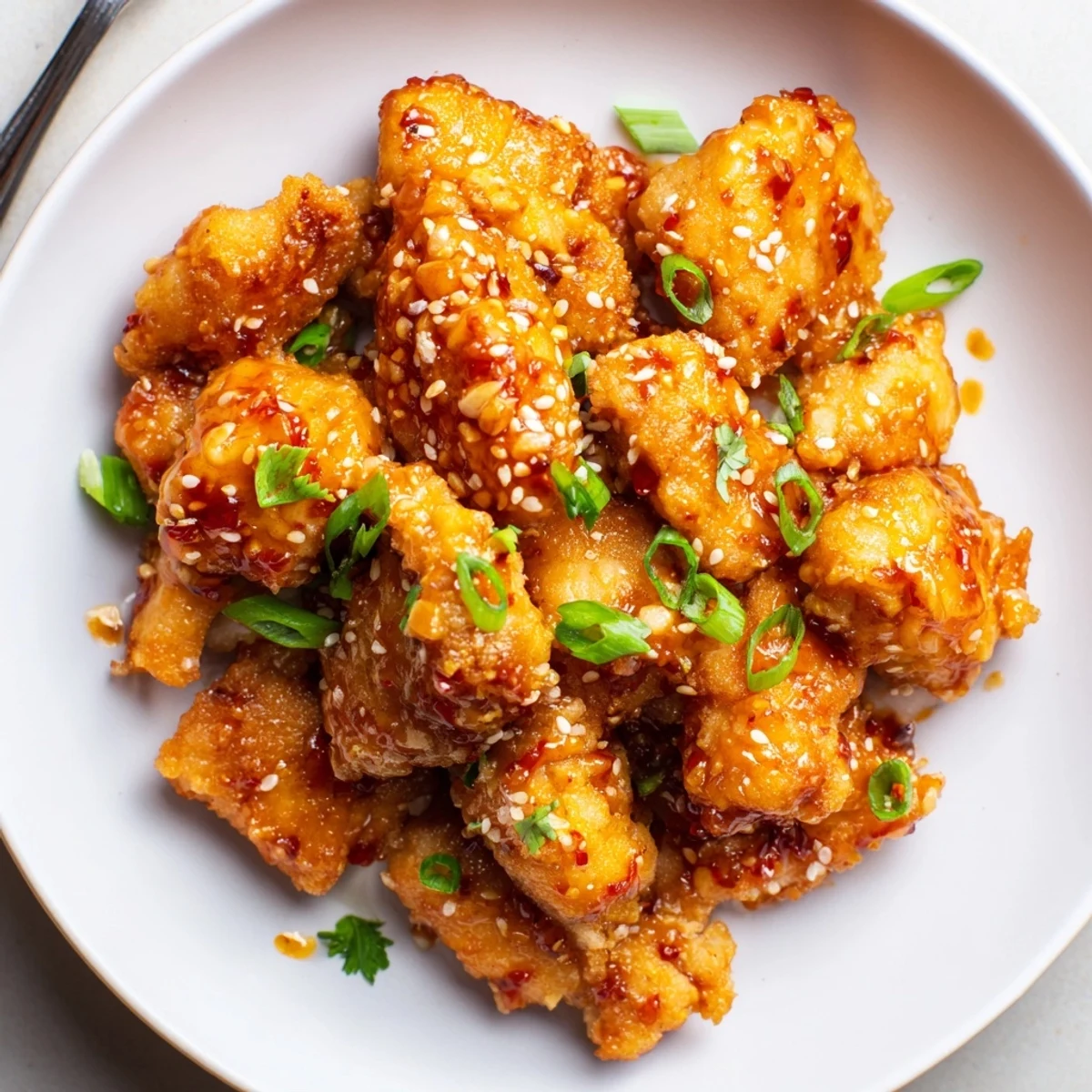 Sweet Tangy Garlicky Bang Bang Chicken served over jasmine rice with herbs