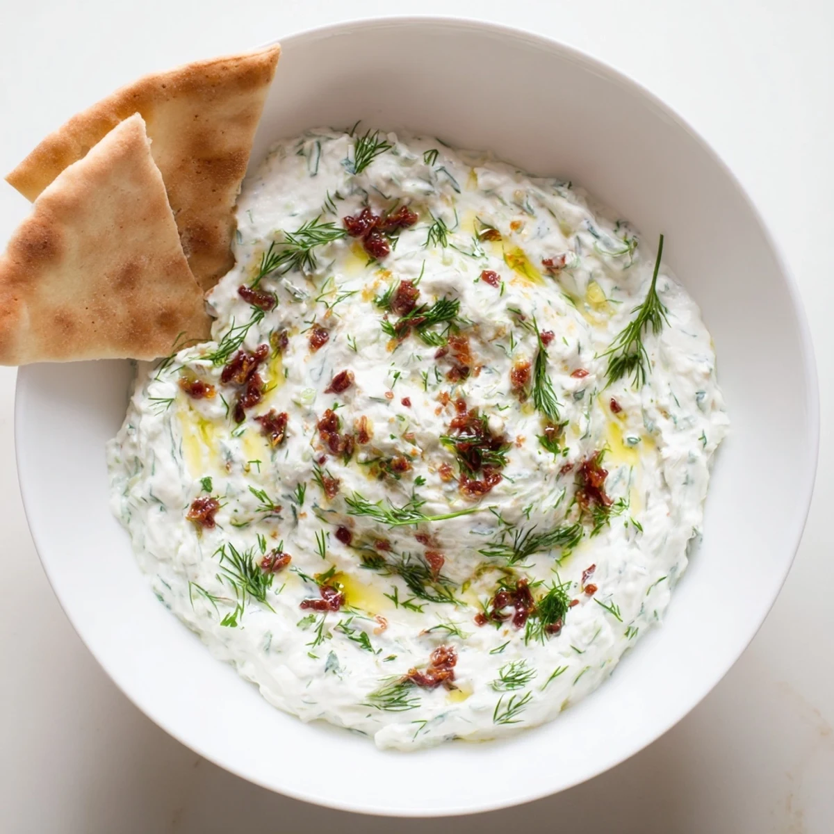 Creamy Sun Dried Tomato Tzatziki dolloped beside warm pita and crisp veggies