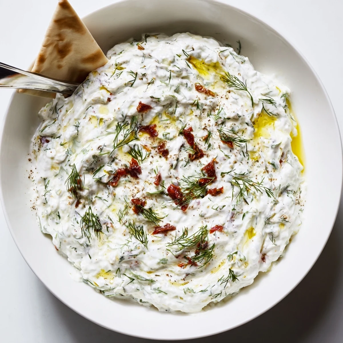 Spoonful of Creamy Sun Dried Tomato Tzatziki ready for grilled chicken topping