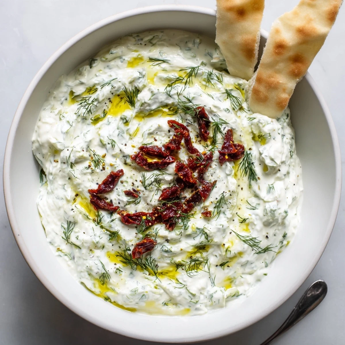Chilled Creamy Sun Dried Tomato Tzatziki showing herby flecks and silky texture