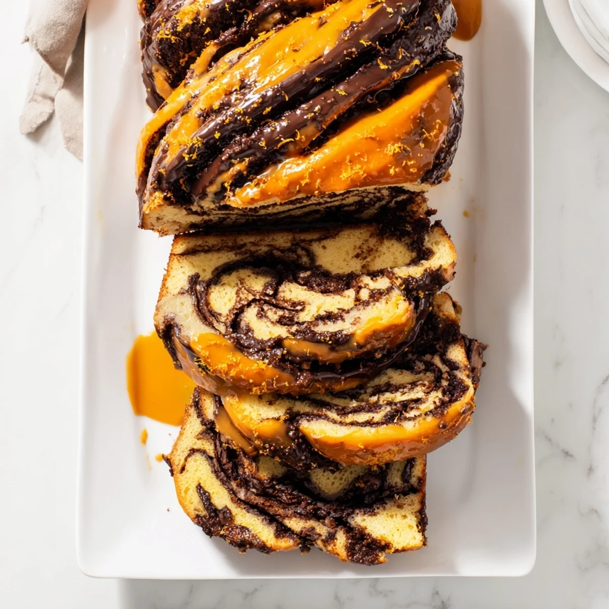 Orange glazed chocolate babka loaf drizzled with glossy citrus icing on wooden board