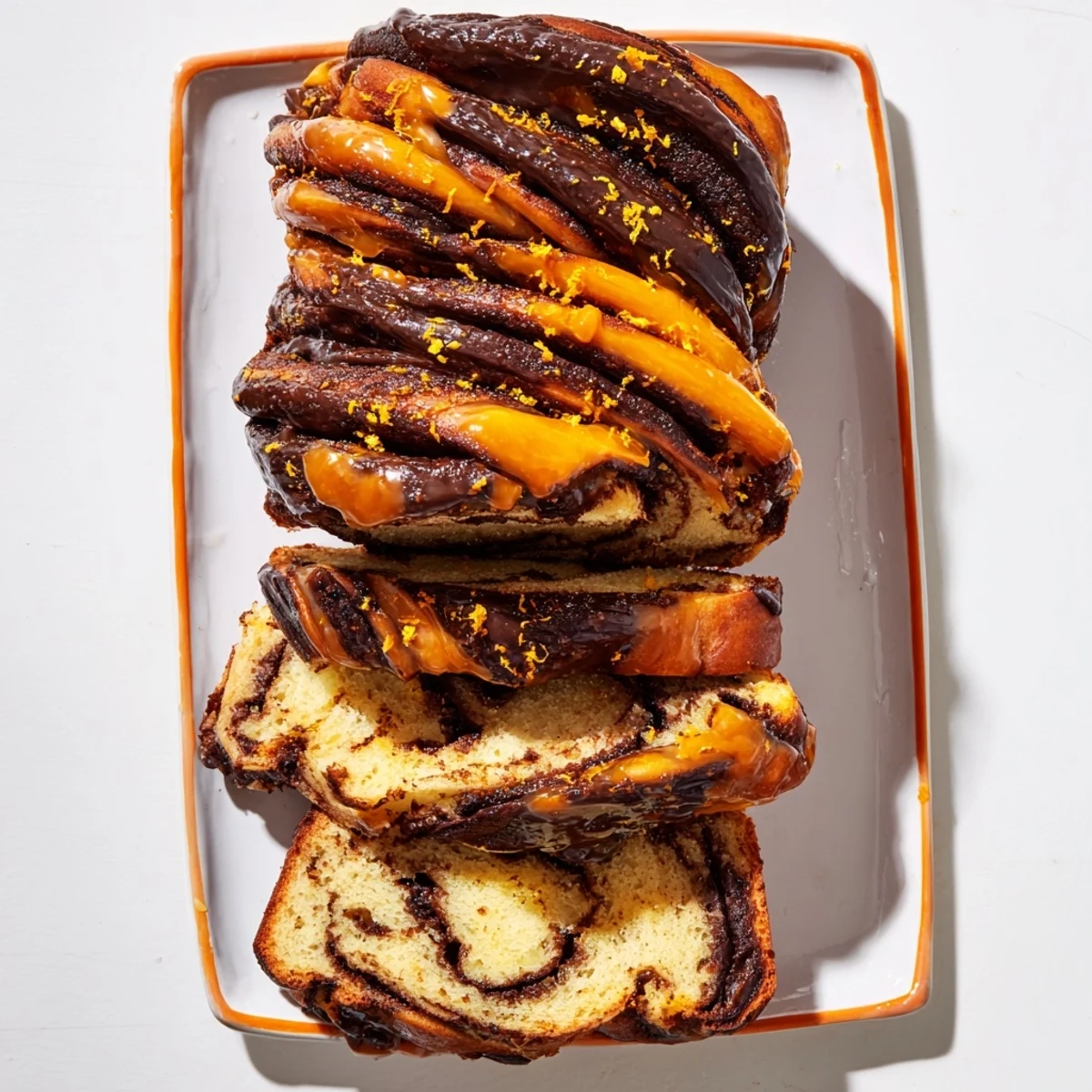 Freshly baked orange glazed chocolate babka twisted bread with sweet sticky glaze topping