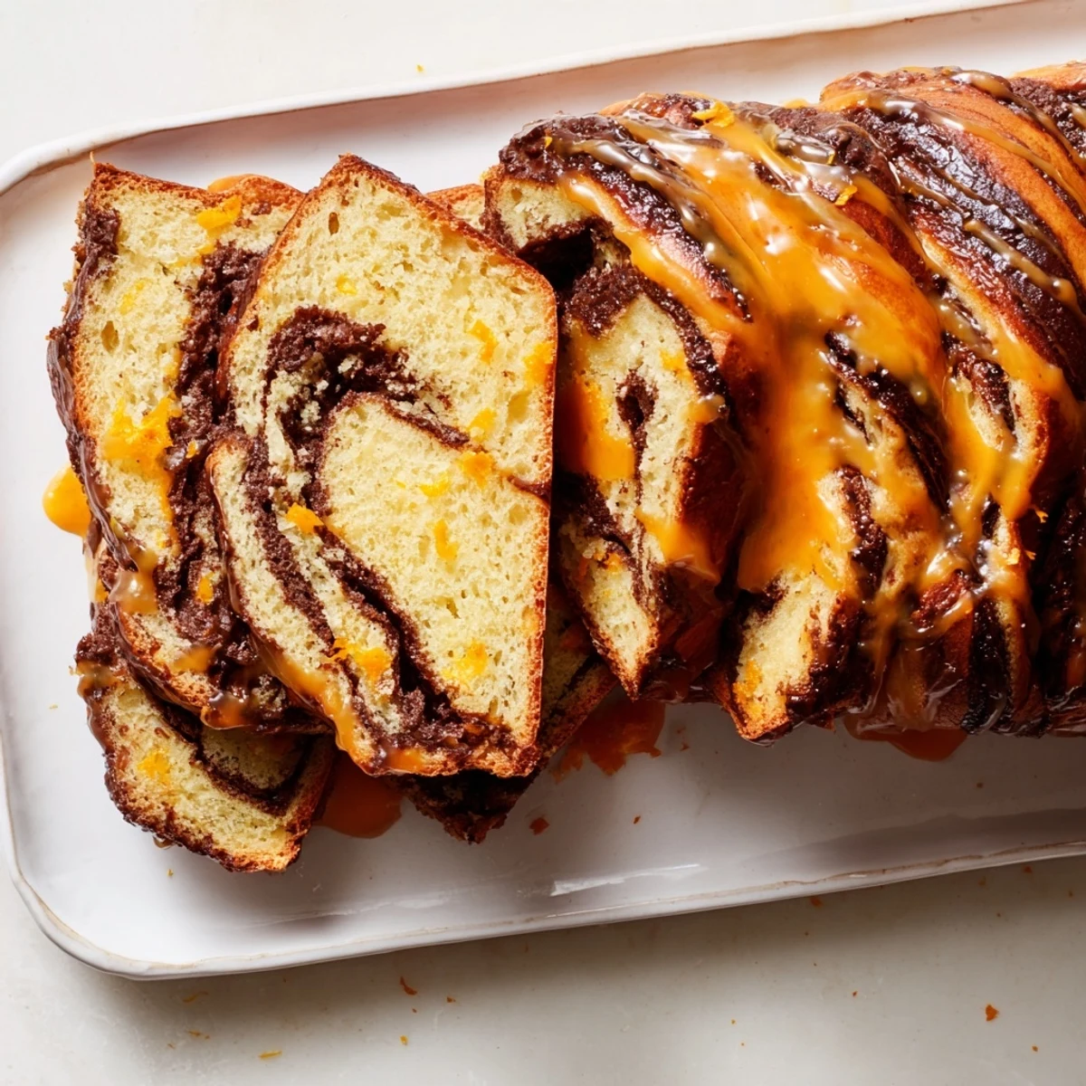 Sliced orange glazed chocolate babka revealing swirls of rich dark chocolate filling