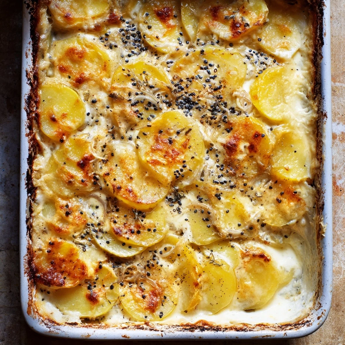 Creamy scalloped potatoes baked with nigella seeds, garlic, and nutmeg in a bubbling cheese crust