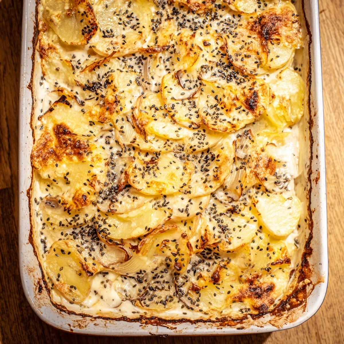 Golden brown Nigella potato gratin topped with melted Gruyère and aromatic black seeds