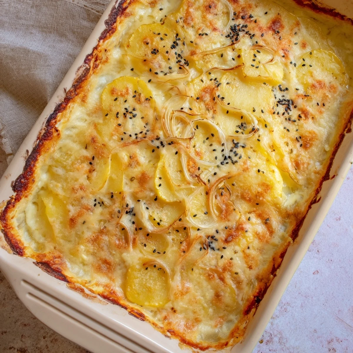 Luxurious layered potato gratin sprinkled with nigella seeds and finished with golden grated cheese