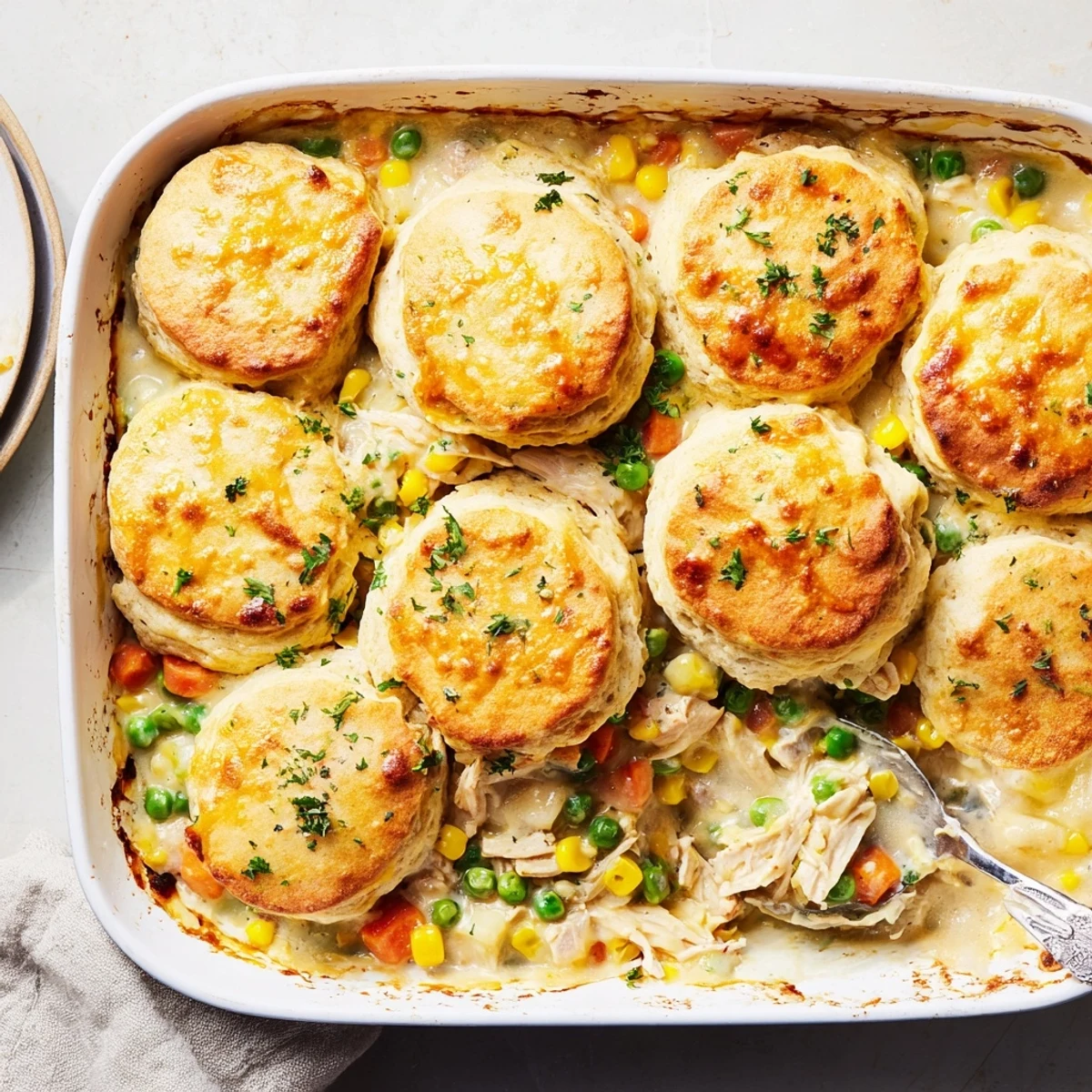 Golden cheddar bay biscuits top this savory chicken and vegetable casserole with creamy filling bubbling underneath