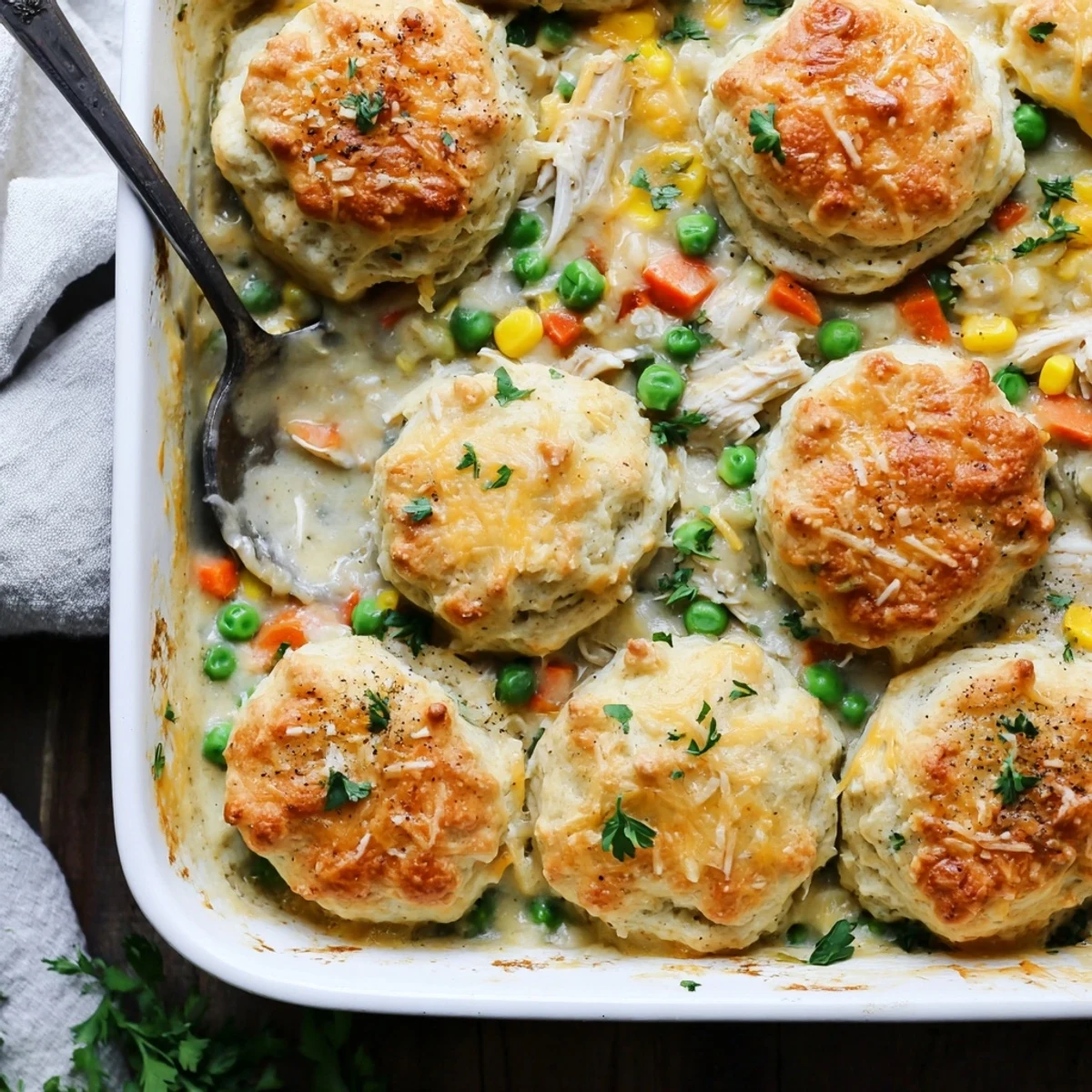 Cheddar Bay Chicken Cobbler baked until golden with fluffy cheesy biscuits covering tender chicken and vegetables