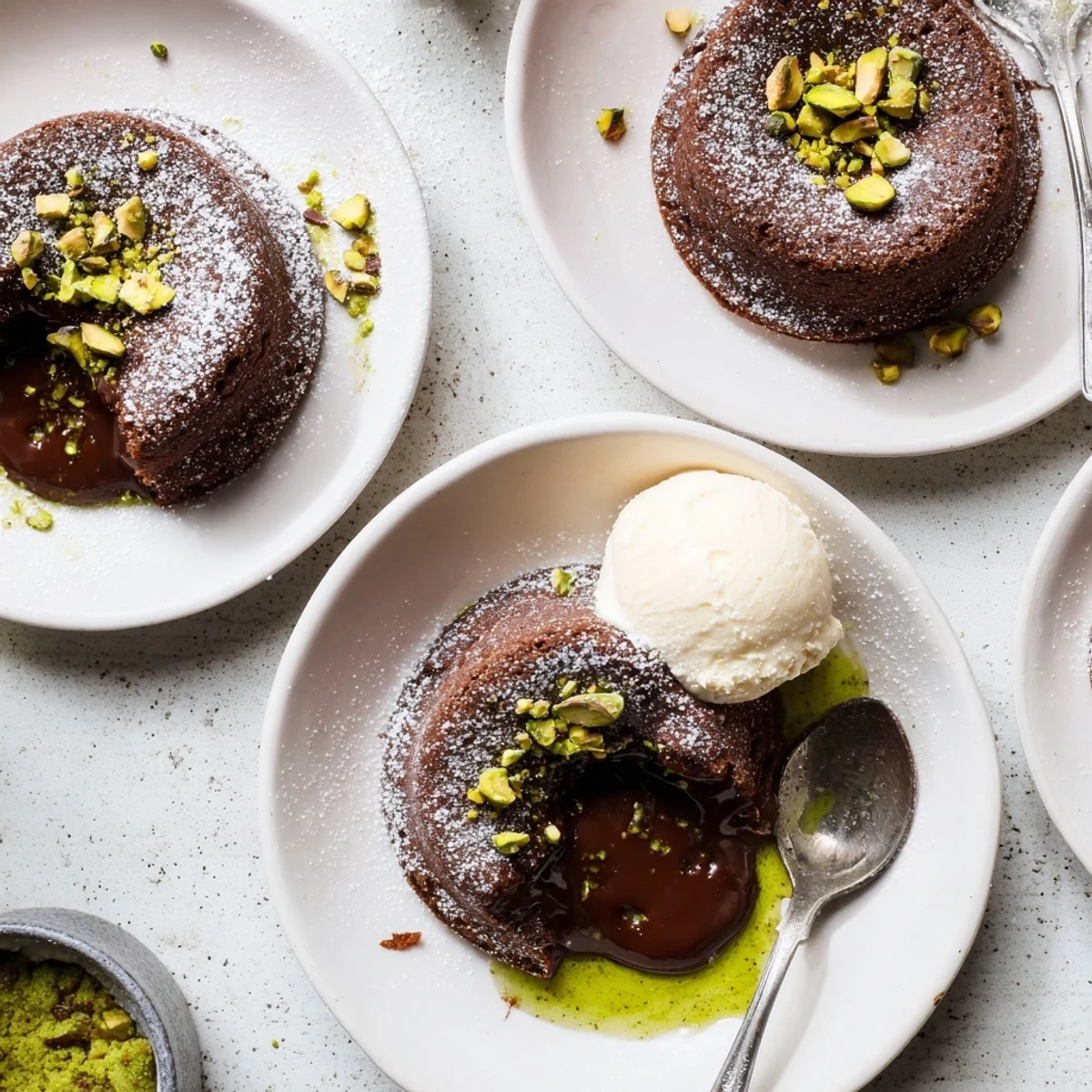 Decadent pistachio chocolate lava cakes with molten centers flowing onto white plates