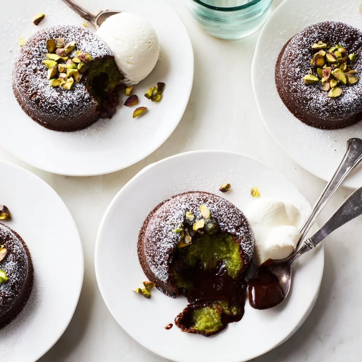 Rich chocolate and pistachio dessert ramekins garnished with chopped nuts and powdered sugar