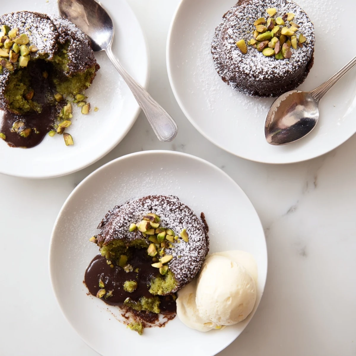 Gooey molten pistachio chocolate lava cakes served warm with vanilla ice cream scoops