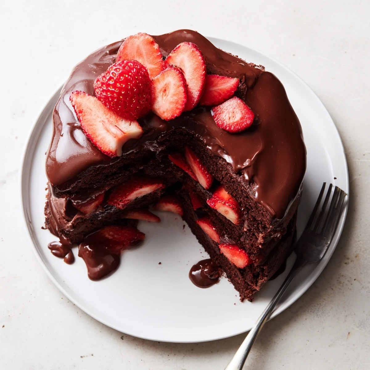 Decadent strawberry chocolate cake with fresh berry layers and rich ganache glaze
