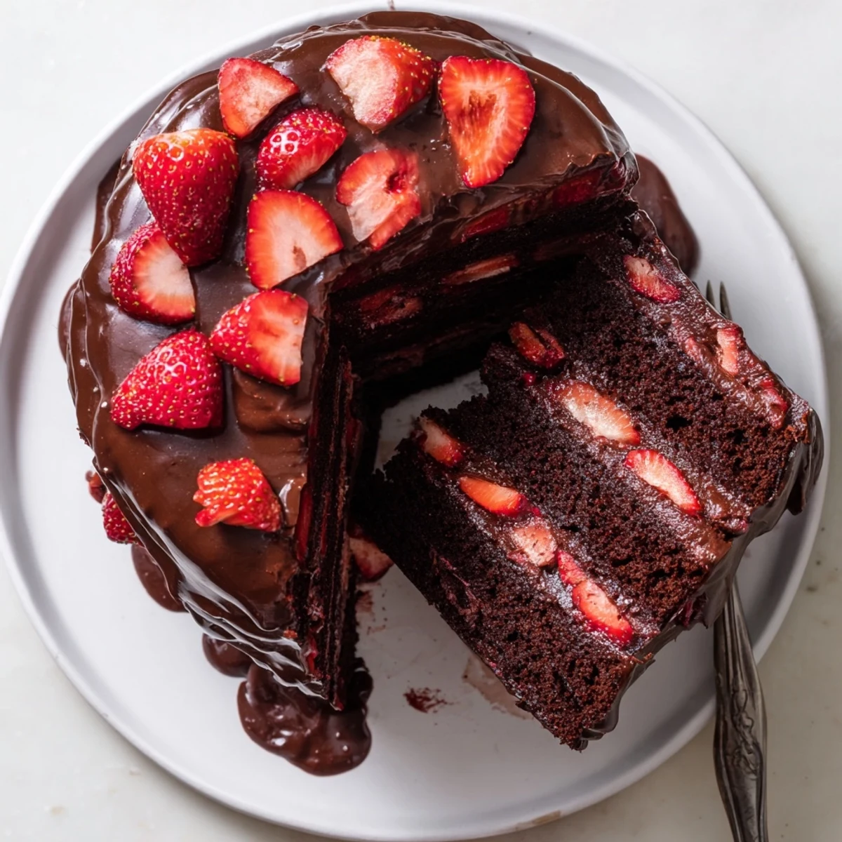 Moist chocolate cake stacked with juicy strawberries and creamy chocolate ganache topping