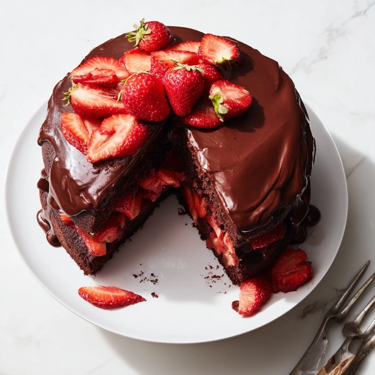 Slice of strawberry chocolate cake revealing tender crumb, macerated berries, and glossy frosting
