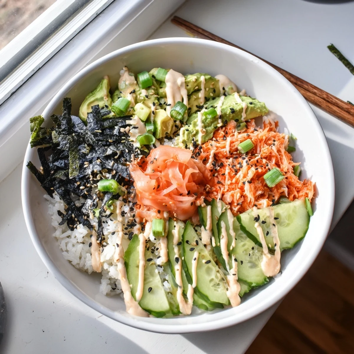Golden sushi rice topped with fresh avocado, cucumber, and shredded crab in deconstructed California roll bowls