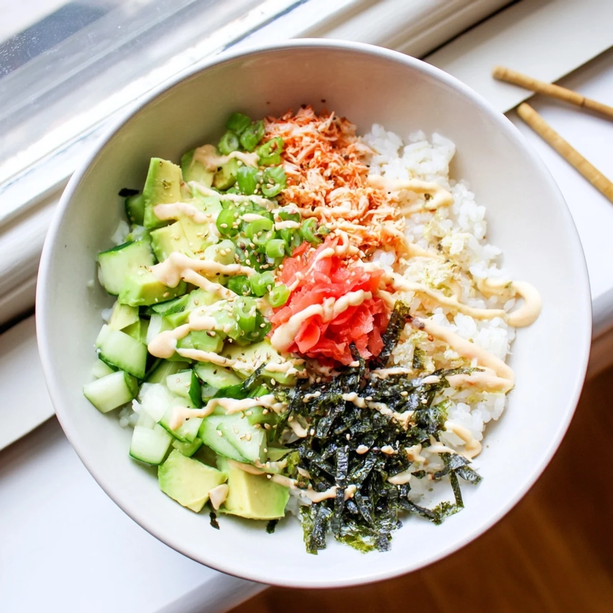 Vibrant California roll sushi bowl featuring imitation crab, avocado, and cucumber strips drizzled with spicy mayo