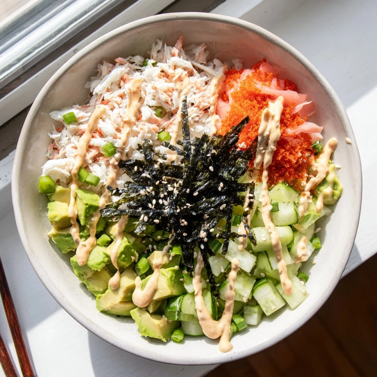 Colorful sushi rice bowl arranged with crab, avocado, nori strips, and pickled ginger in a deconstructed roll