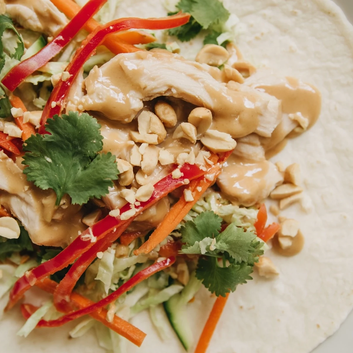 Fresh sliced chicken draped over crisp vegetables in Thai peanut chicken wraps with creamy peanut sauce drizzle