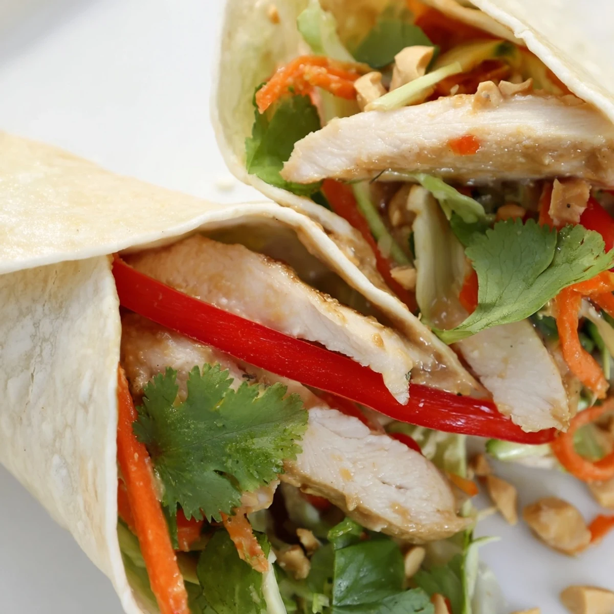 Cross-section of Thai peanut chicken wraps revealing shredded lettuce cucumbers and sliced chicken breast wrapped in a flour tortilla