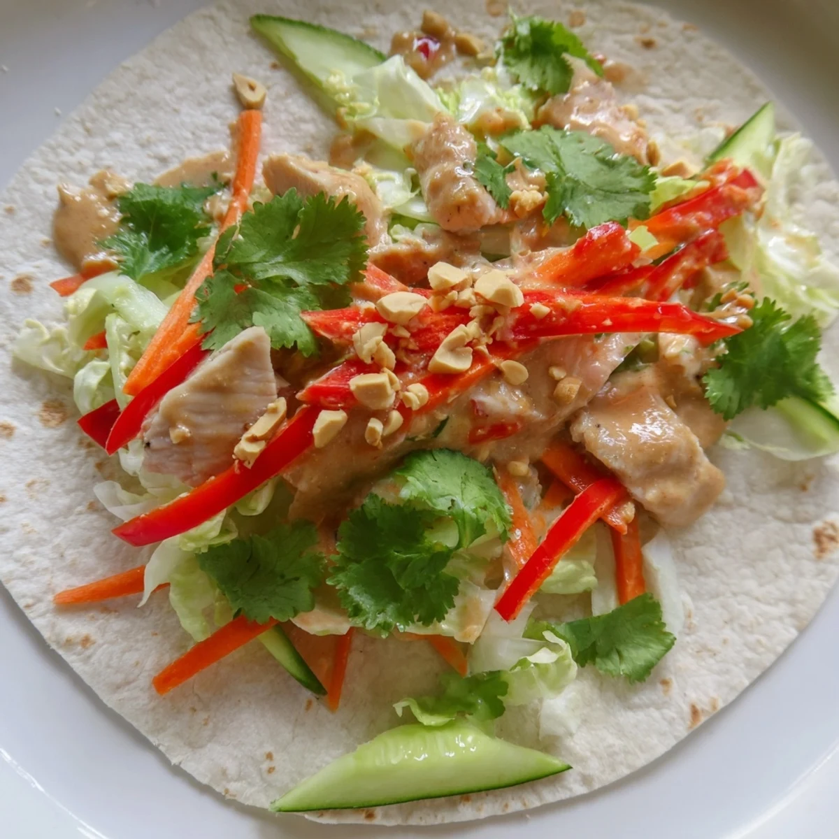 Tender marinated chicken layered with colorful bell peppers and carrots inside Thai peanut chicken wraps rolled up on a plate