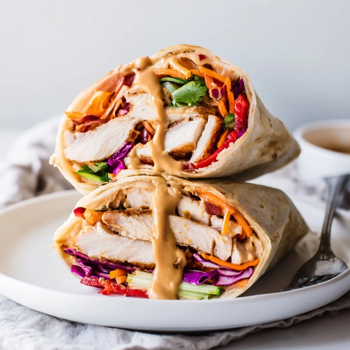 Thai Peanut Chicken Wraps with warm tortillas, creamy sauce, crisp colorful vegetables.