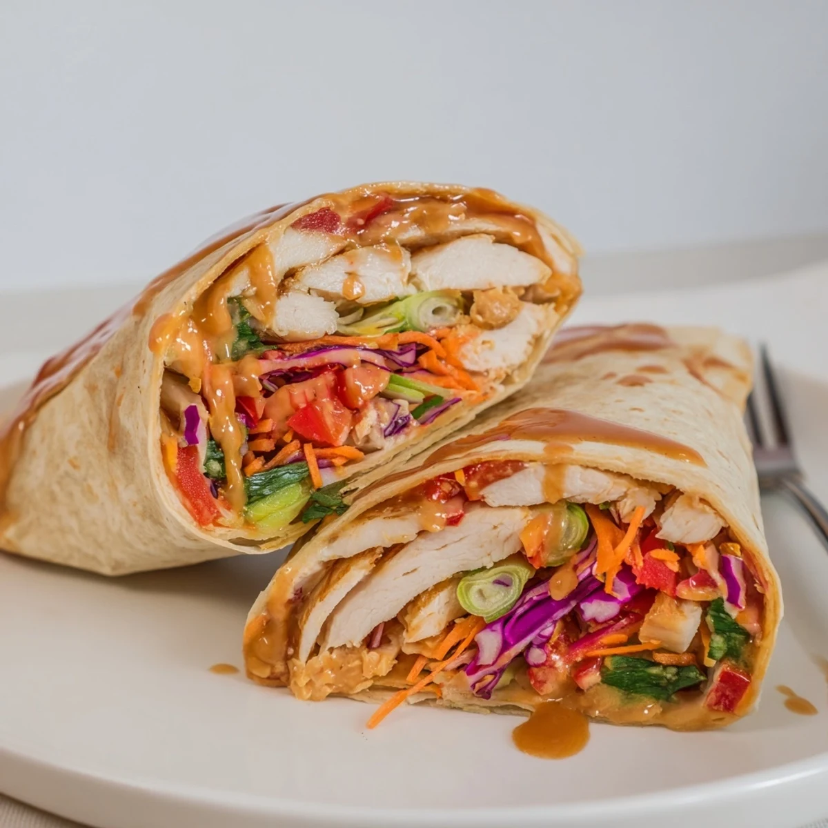 Close-up of Thai Peanut Chicken Wraps sliced in half, juicy chicken, cilantro.