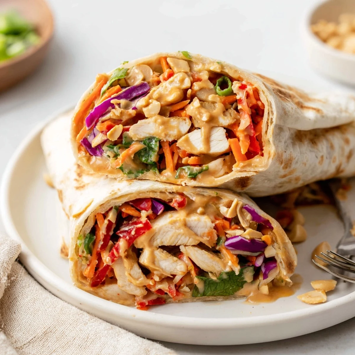 Quick weeknight Thai Peanut Chicken Wraps drizzled with peanut sauce, lime wedge.