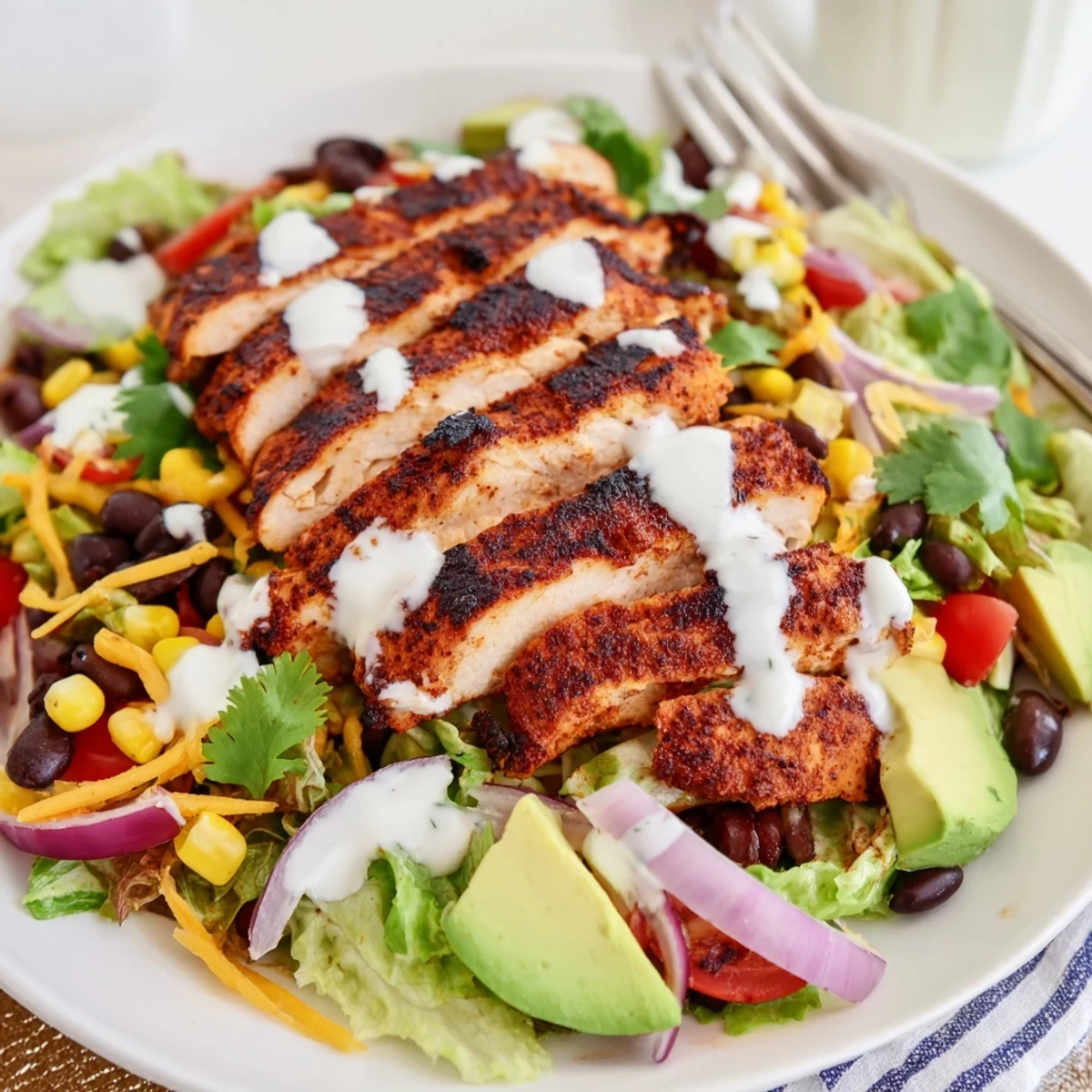Grilled Southwestern Chicken Salad showcasing charred breast, roasted corn, creamy avocado