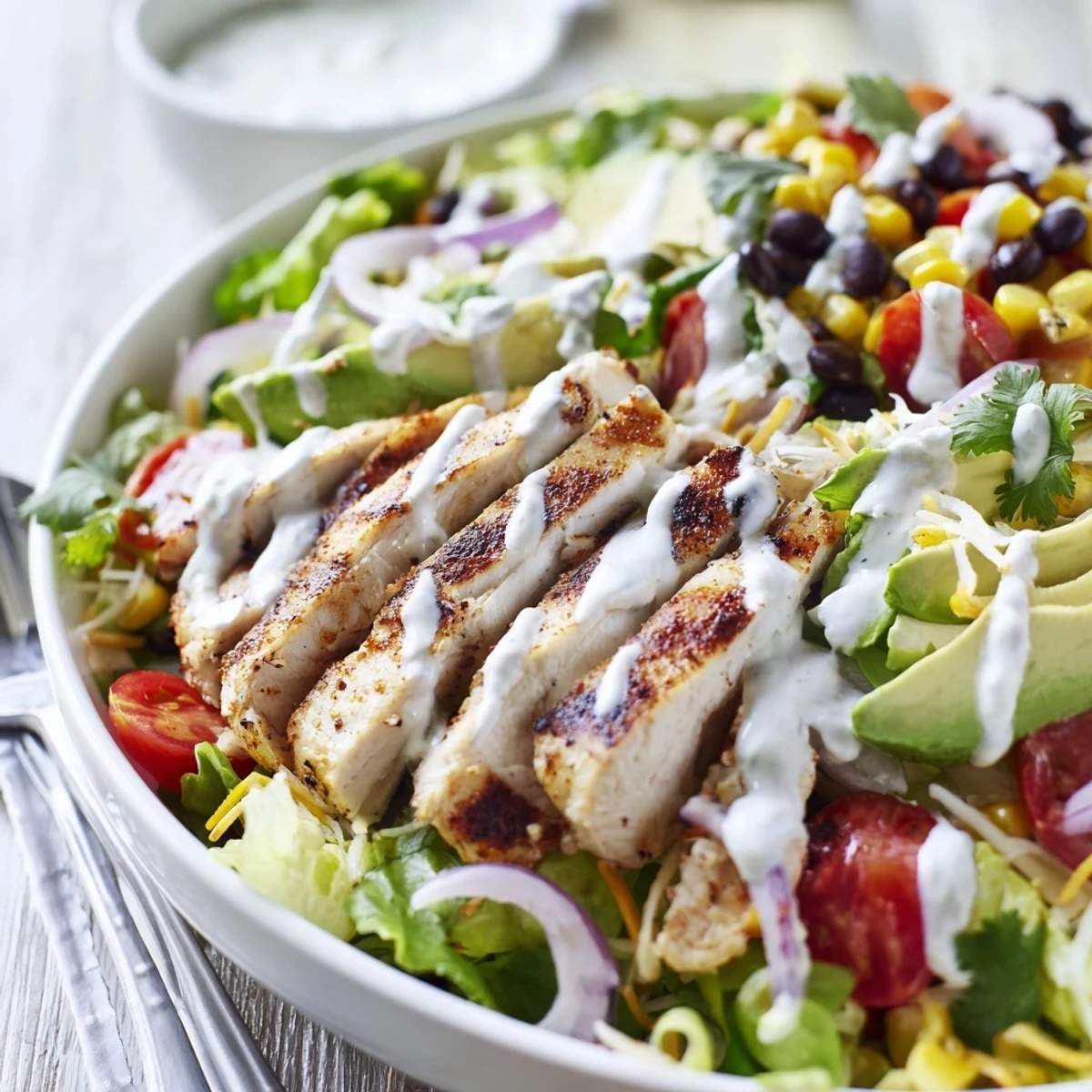 Bright Southwestern Chicken Salad topped with sliced avocado, smoky cumin grilled chicken