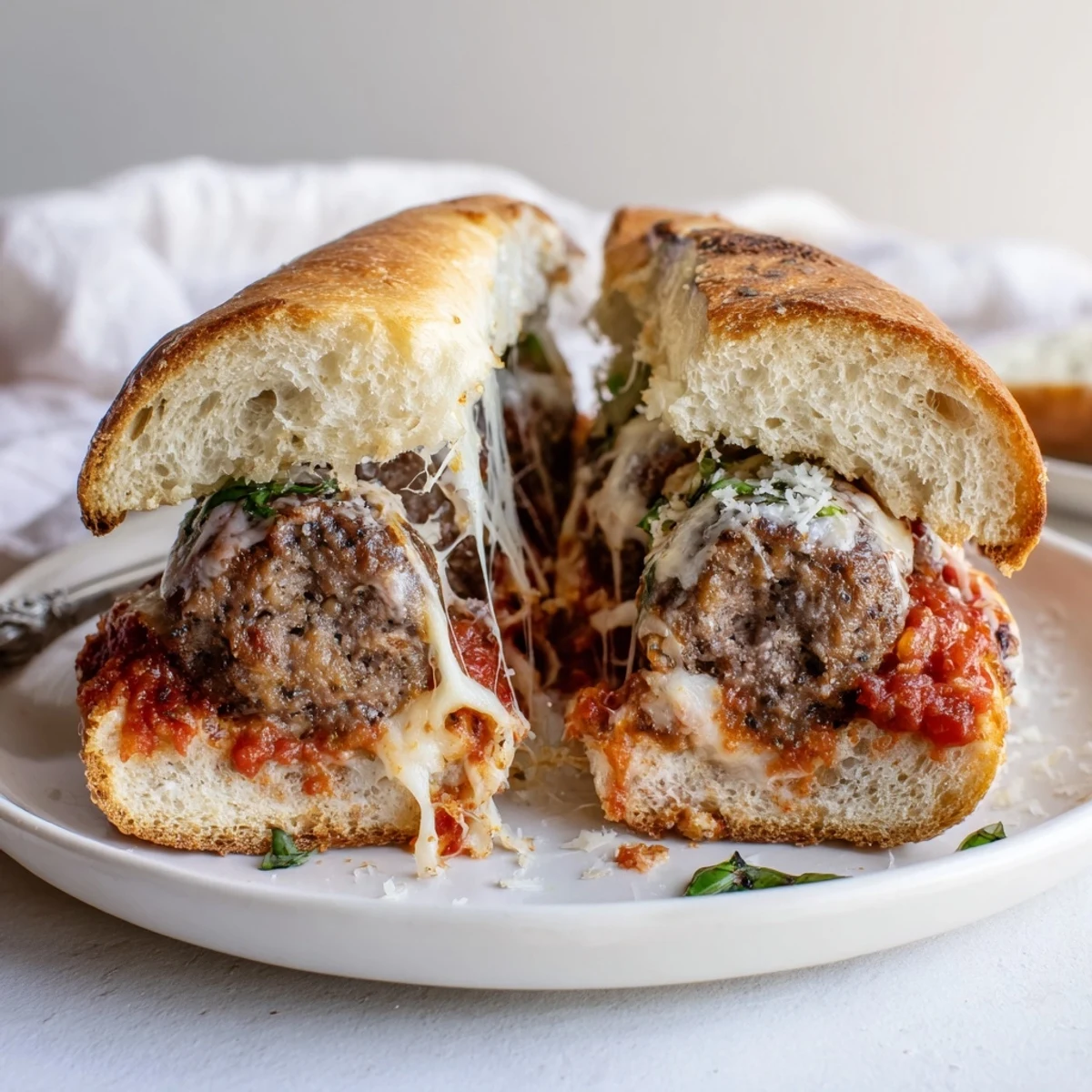 Cheesy Meatball Subs steaming on a toasted roll, melted cheese stretching.