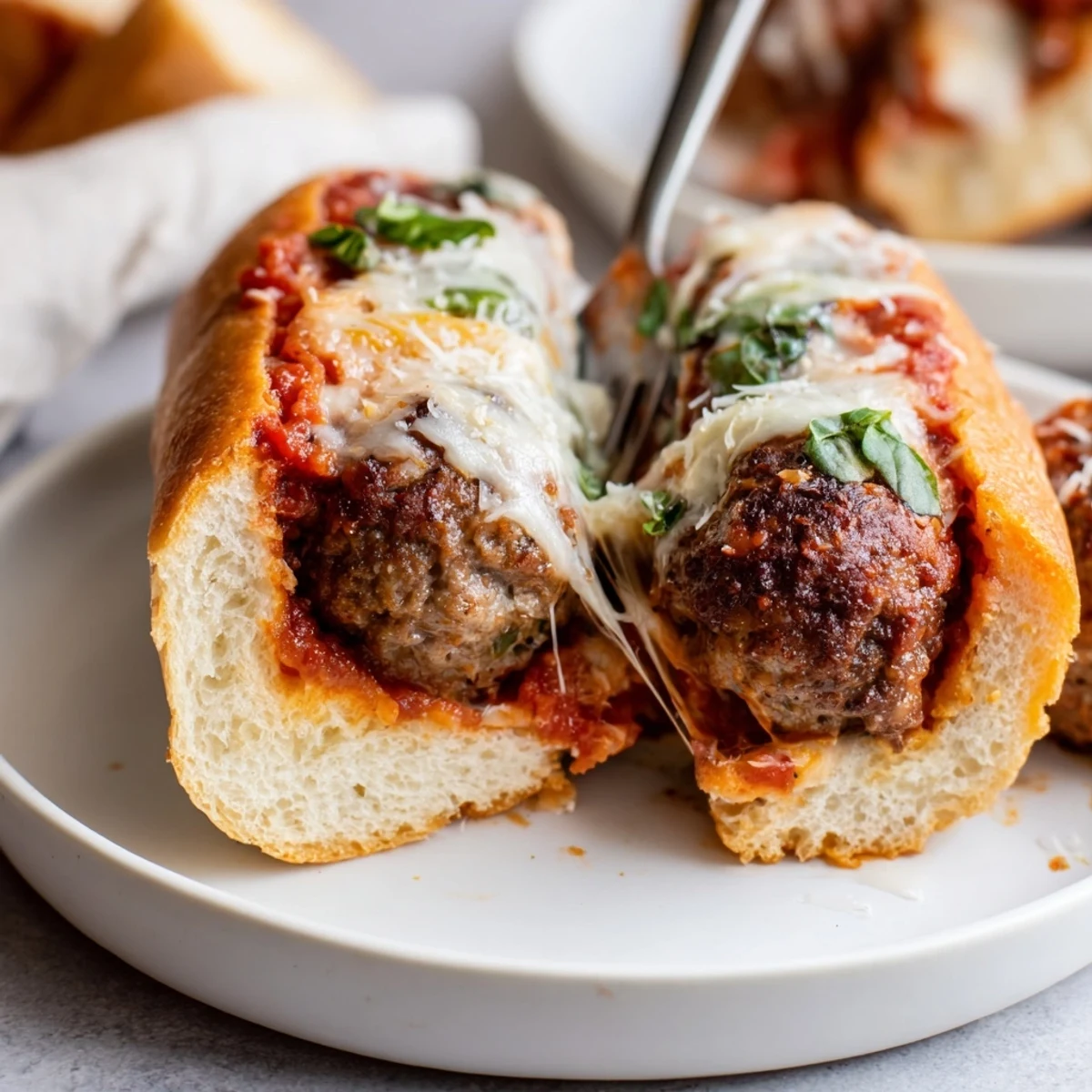 Halved Cheesy Meatball Subs showing juicy meatballs and bubbling cheese inside.