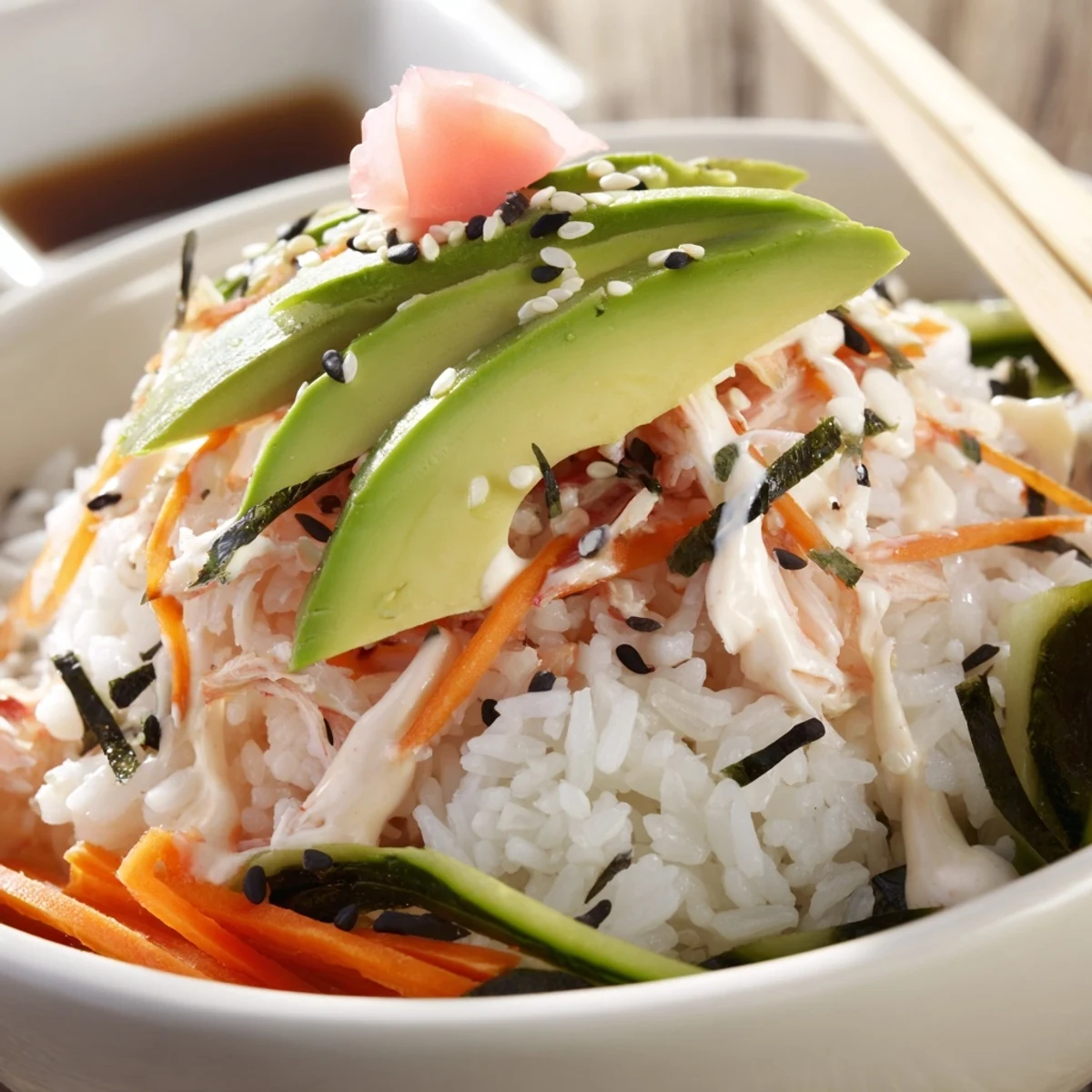 California Roll Sushi Bowls with glossy avocado, sesame, and spicy mayo drizzle