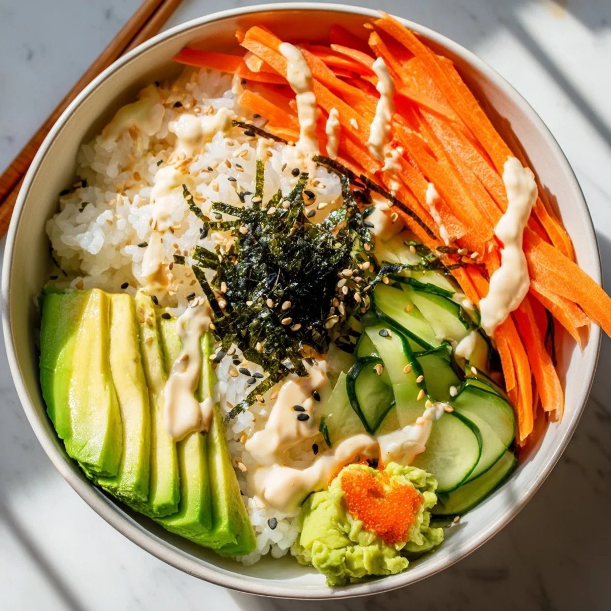 Easy weeknight California Roll Sushi Bowls with fluffy rice, shredded crab, crisp cucumber