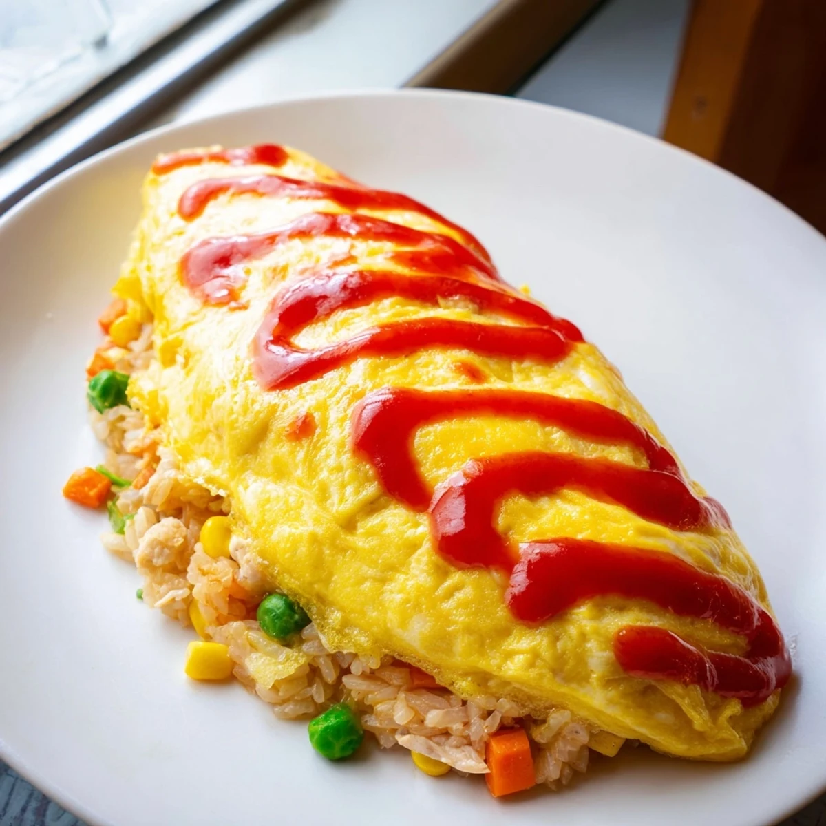 Golden omurice with a silky omelette draped over savory ketchup fried rice