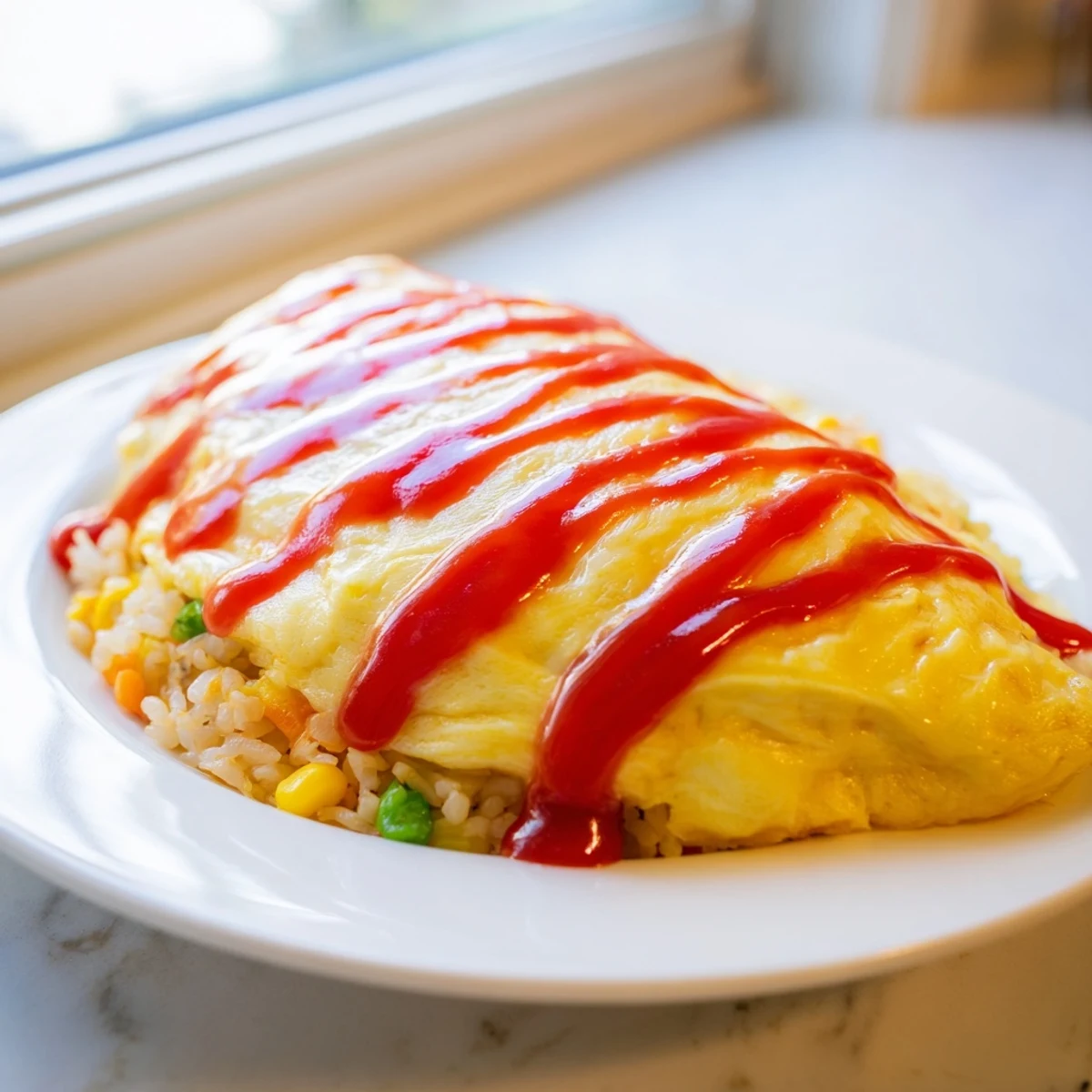 Omurice plated on a white dish topped with a zigzag of ketchup