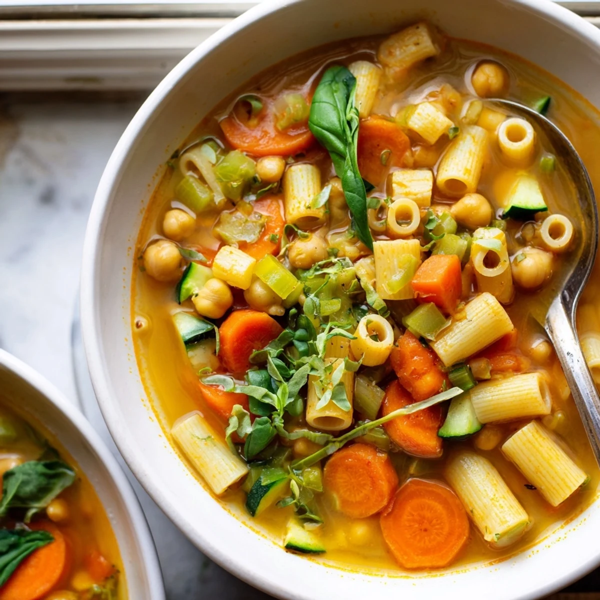 Golden broth with tender vegetables and chickpeas in this comforting Vegan Italian Penicillin Soup