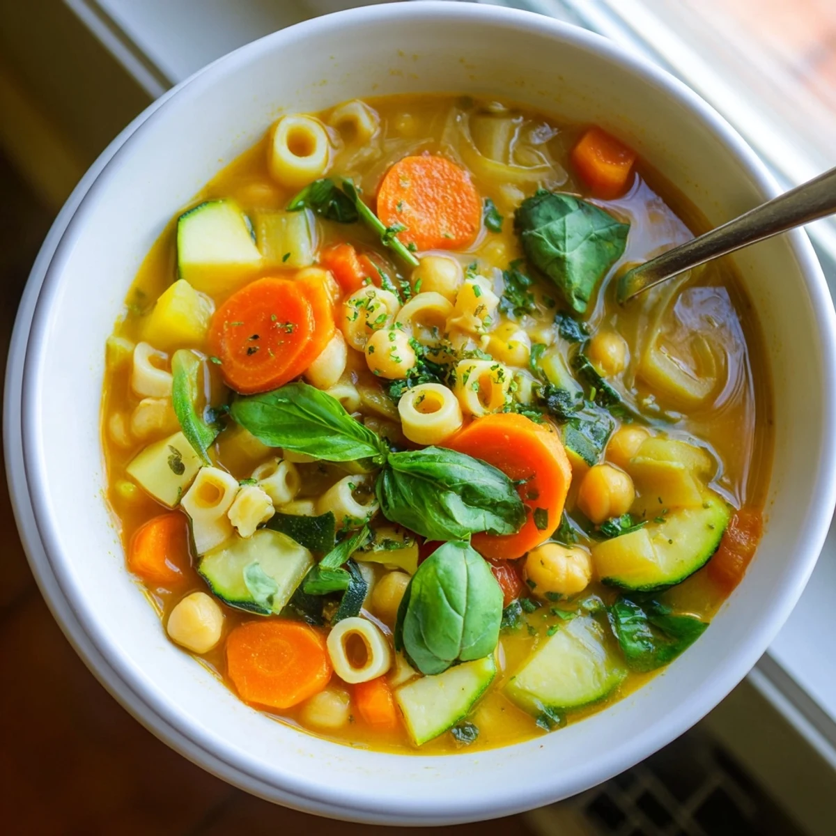 Steaming bowl of Vegan Italian Penicillin Soup topped with fresh basil leaves