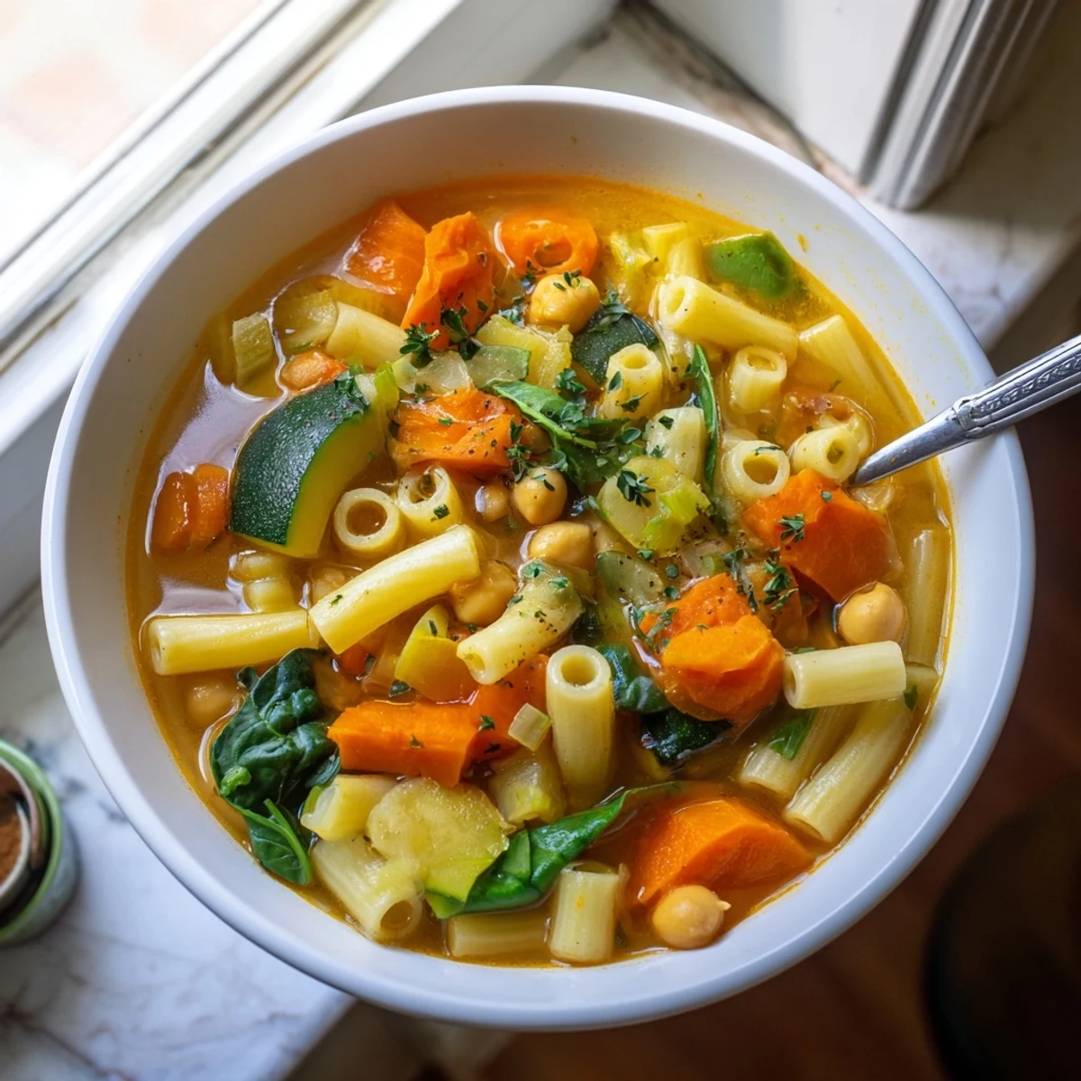 Hearty Vegan Italian Penicillin Soup ladled into a ceramic bowl with crusty bread