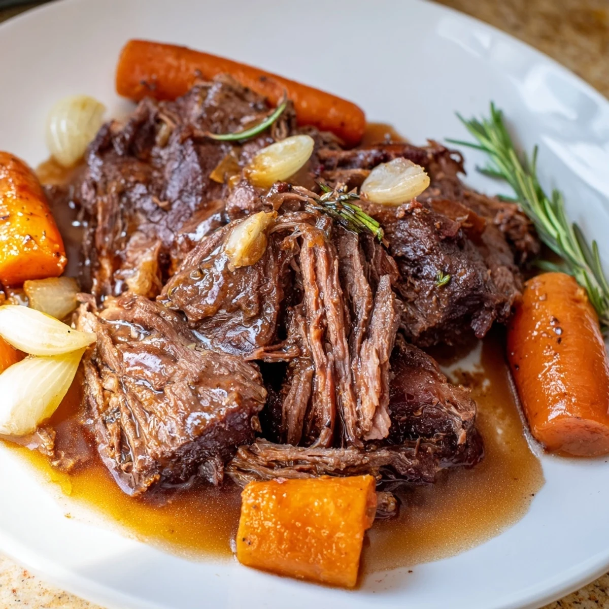 Tender perfect pot roast with carrots and celery in rich savory broth